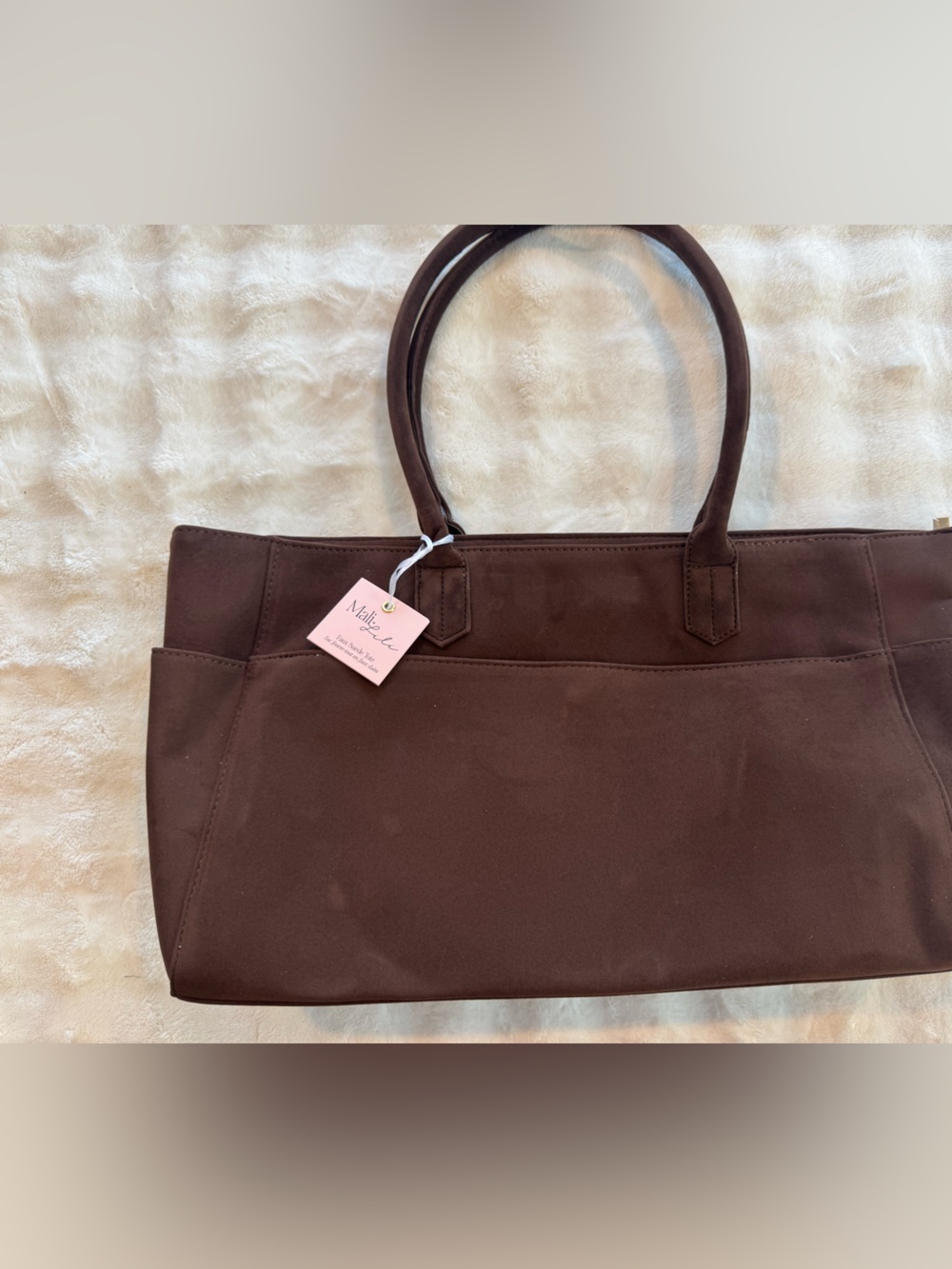 NEW dark brown faux suede tote bag by 
Mali + Lili with dual top handles